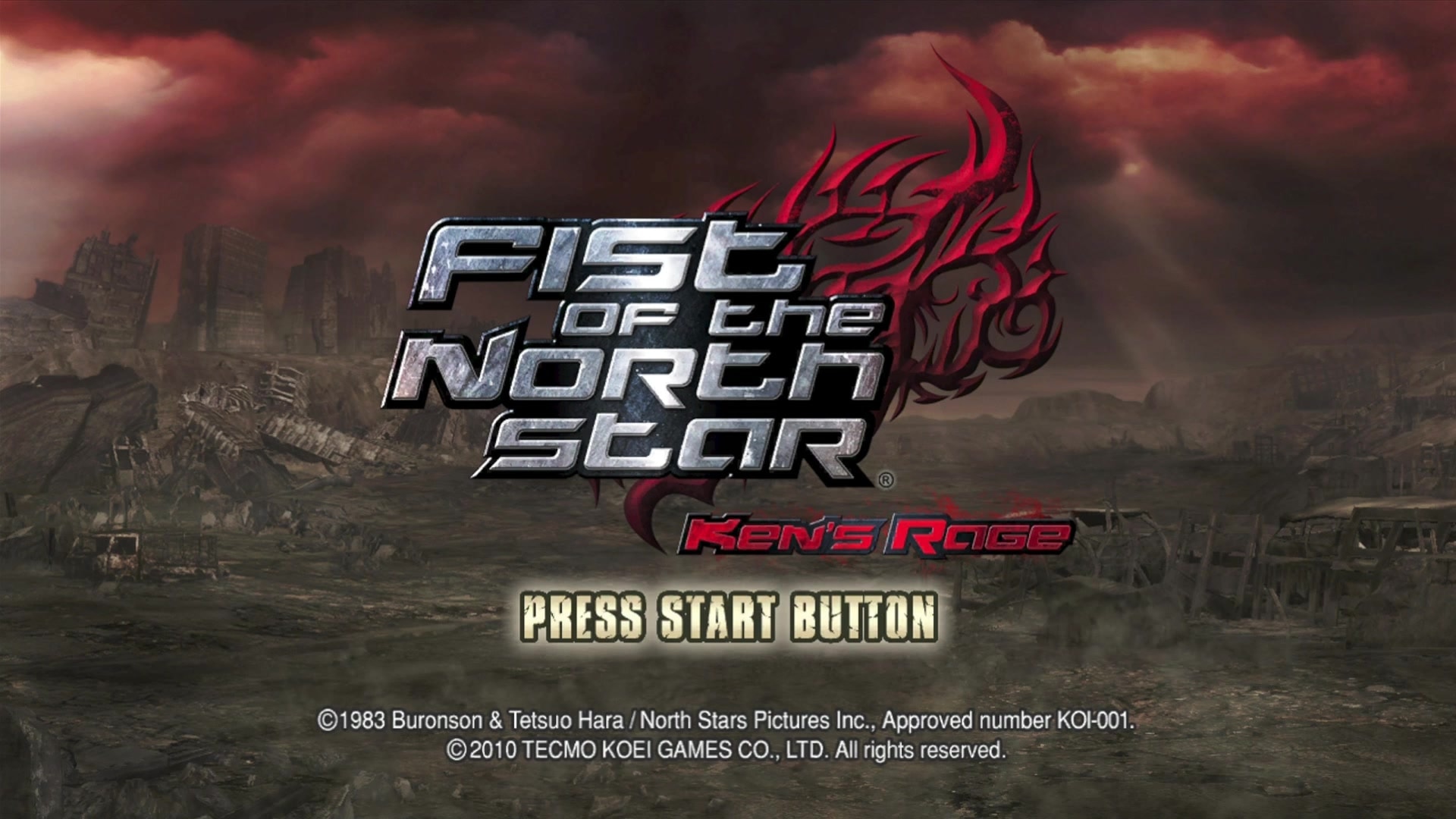 Fist of the North Star: Ken's Rage title screen for Xbox 360